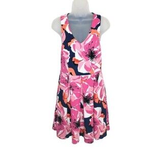 Trina Turk Floral V-Neck Fit & Flare Dress Pink Navy Blue Size 8 Resort Wedding